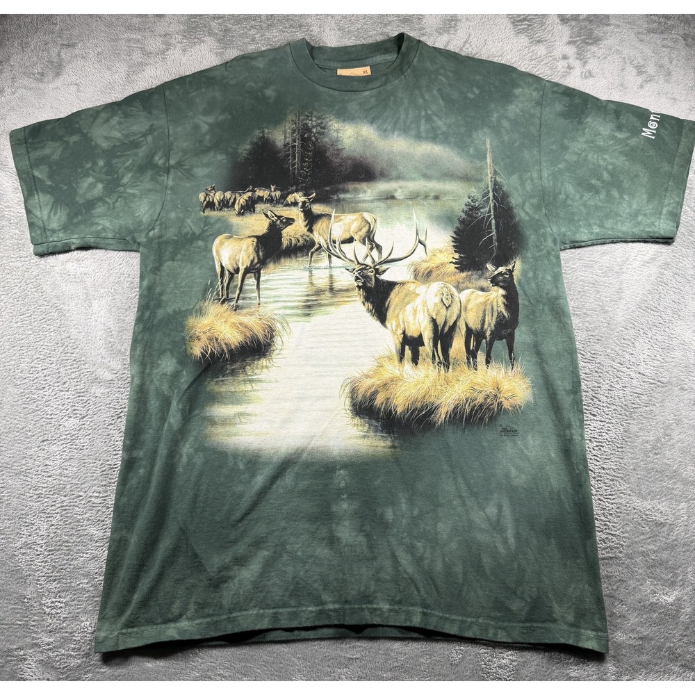The Mountain Elk Stream Wildlife T-Shirt Unisex XL Green Montana Graphic Cotton